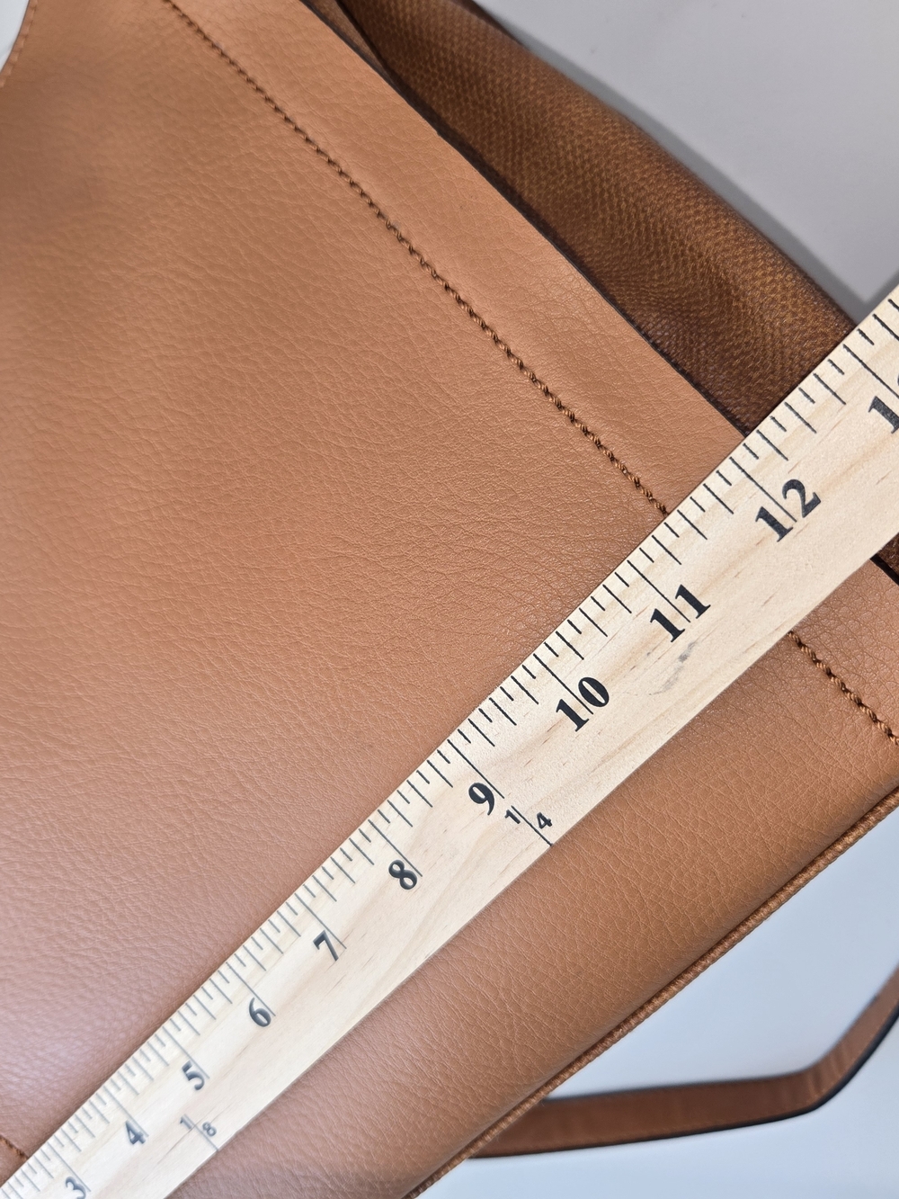 Tan Faux Leather Slouchy Hobo Shoulder Bag with Textured Leather Trim Tote 12x12 - Picture 8 of 16